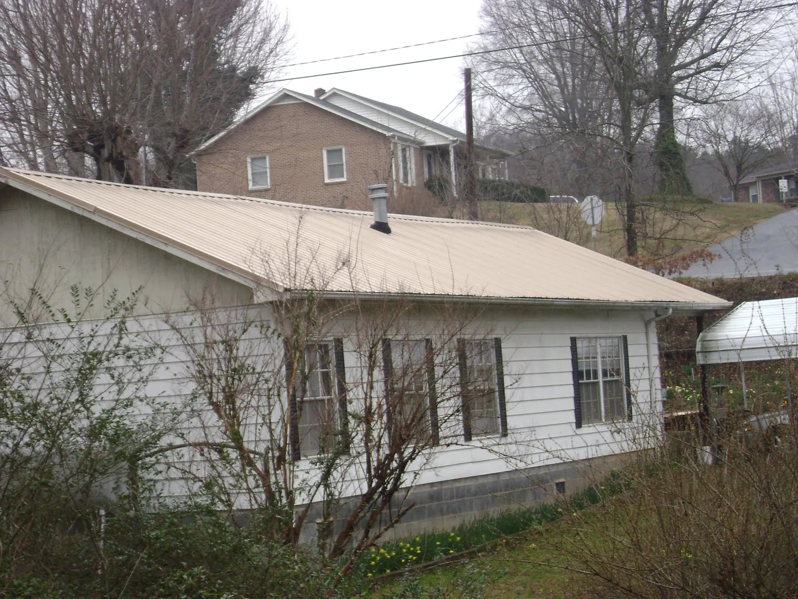 Tan metal roof on a white sided house set into a hillside — Commercial Roofing by Roofing Brothers in Dora